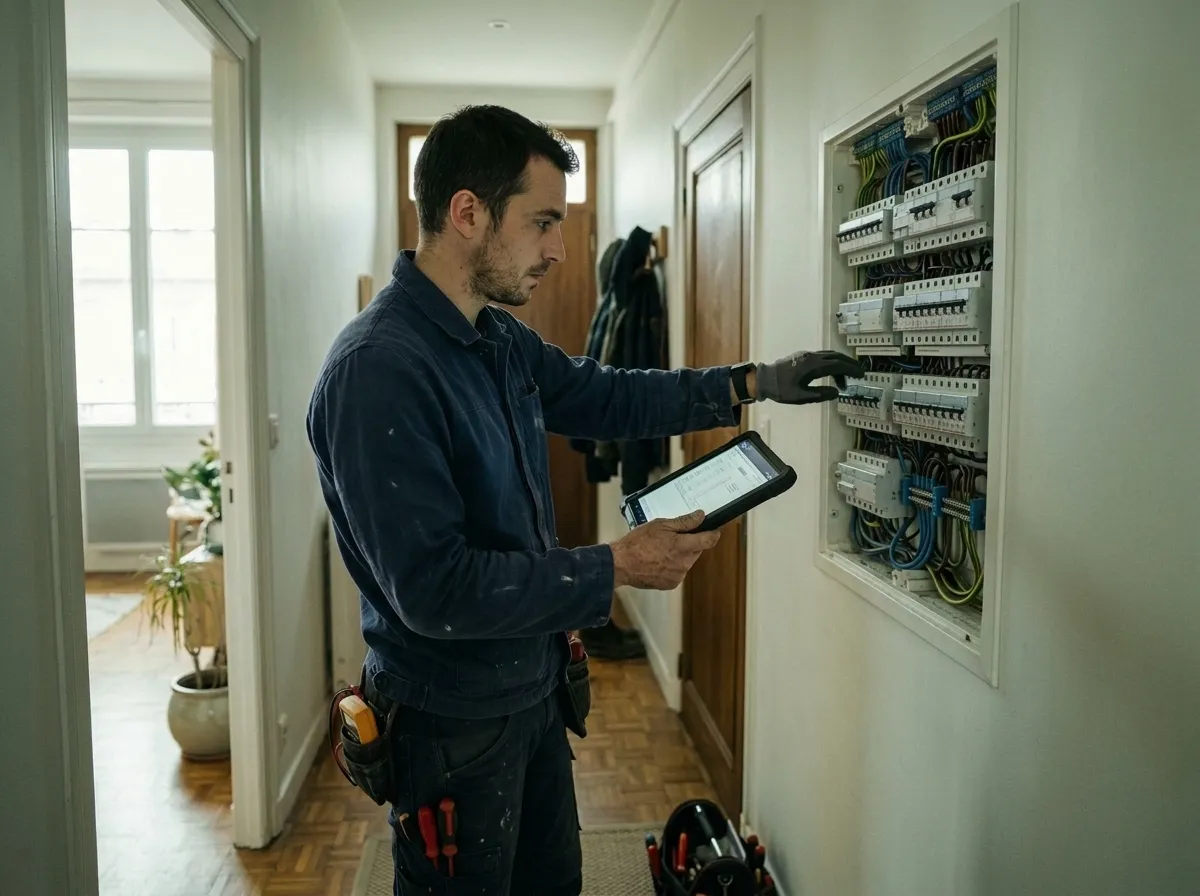 Un électricien contrôle un tableau électrique avec une tablette à la main