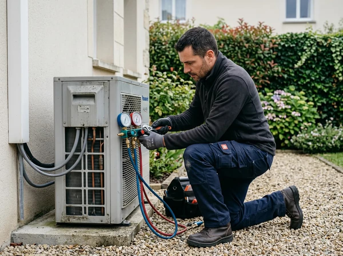 Un frigoriste branche un manomètre sur une pompe à chaleur en extérieur