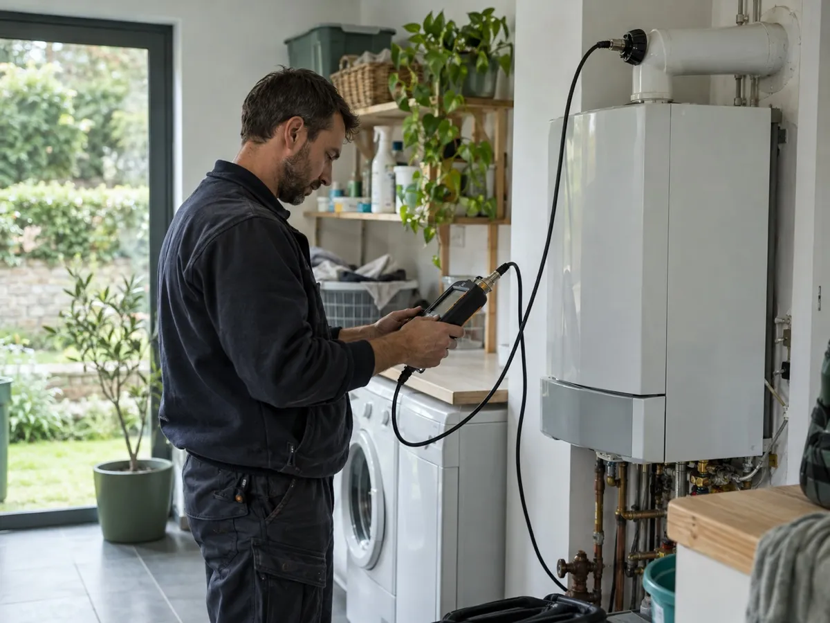 Un plombier-chauffagiste mesure une chaudière avec un analyseur de combustion